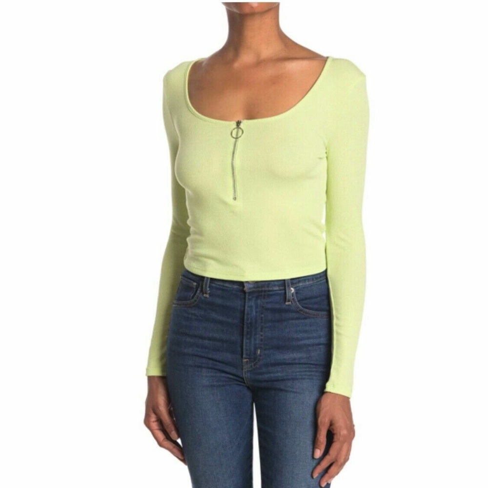 Elodie Neon Green Ribbed Long Sleeve Crop Top with O-Ring Zip - Size Small